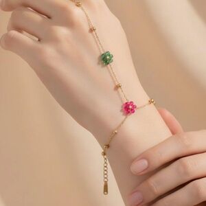 Hand Chain Bracelet with Colorful Floral Charms and Beads